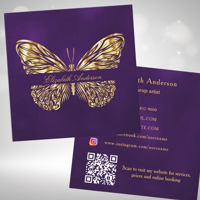 Carte De Visite Carré Butterfly violet or QR code élégant script (Créateur téléchargé)