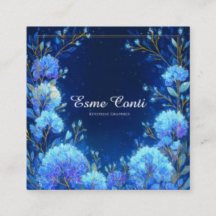 Carte De Visite Carré Cadre Céleste Doré Fleur Bleue Lumineux Minuit