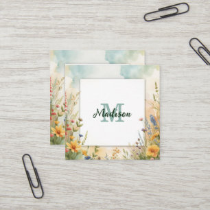 Carte De Visite Carré Cadre de monogramme de fleur sauvage de fleur de p