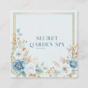 Carte De Visite Carré Cadre doré aquarelle Rose bleue Floral Sage