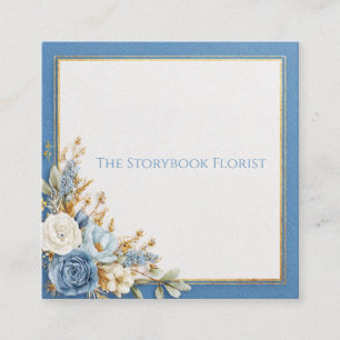 Carte De Visite Carré Cadre Doré Fleur Bleue Élégante Aquarelle Rustique