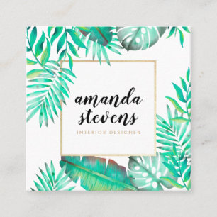 Carte De Visite Carré Cadre or chic aquarelle tropicale verte feuilles