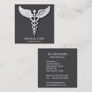 Carte De Visite Carré Caduceus Clean Blanc Détaillé Gris Médicale