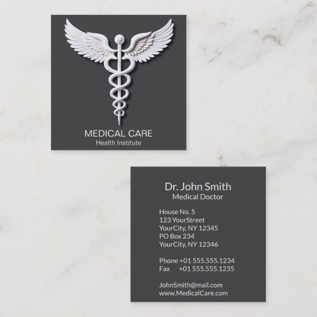 Carte De Visite Carré Caduceus Clean Blanc Détaillé Gris Médicale (Devant / Derrière)