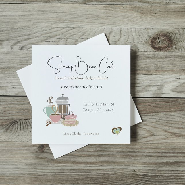 Carte De Visite Carré Café Café Boulangerie Quirky Retro Aquarelle (Créateur téléchargé)