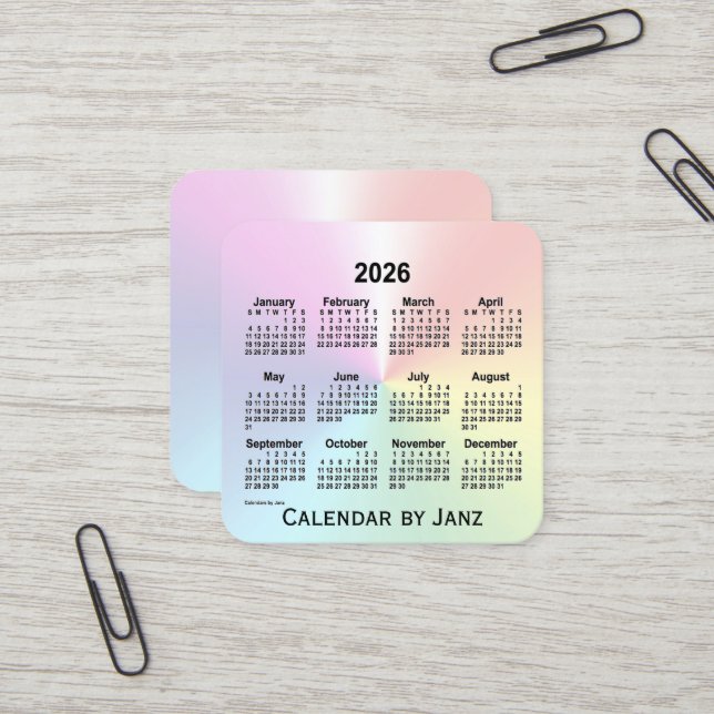 Carte De Visite Carré Calendrier Rainbow Shimmer 2026 par Janz (Devant/Arrière en situation)