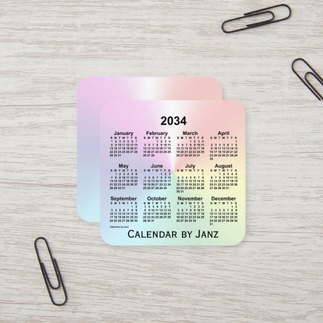 Carte De Visite Carré Calendrier Rainbow Shimmer 2034 par Janz (Devant/Arrière en situation)