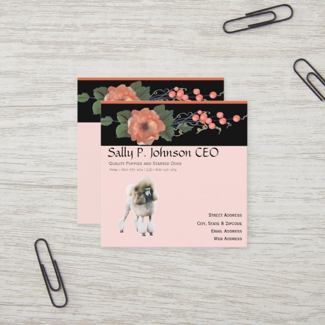 Carte De Visite Carré Caniche sur le melon noir floral (Devant/Arrière en situation)