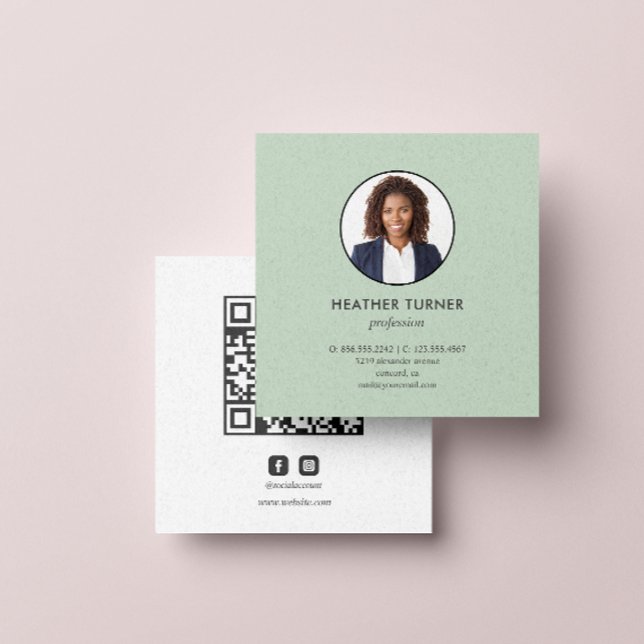 Carte De Visite Carré Capture d'écran QR CODE ou Logo Professional GREEN (Add your photo and qr code. to this professional business card to make a great first impression)