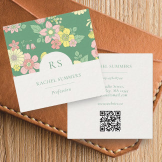 Carte De Visite Carré Carré floral Boho moderne QR