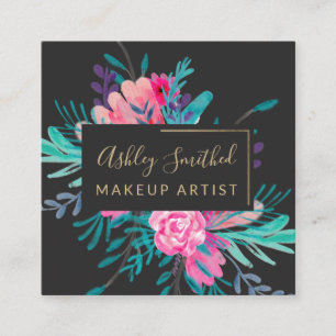 Carte De Visite Carré Carré floral de maquillage d'aquarelle de rose de
