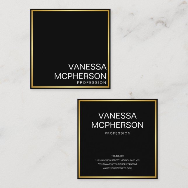 Carte De Visite Carré Carré minimaliste noir & Faux or (Devant / Derrière)