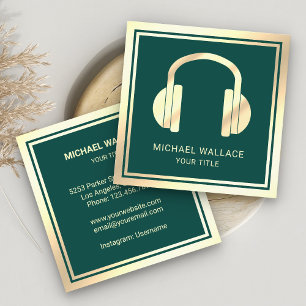 Carte De Visite Carré Casque de musique DJ feuille d'or faux vert