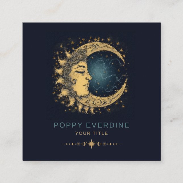 Carte De Visite Carré Céleste Mystique Lune Bleu Or (Devant)