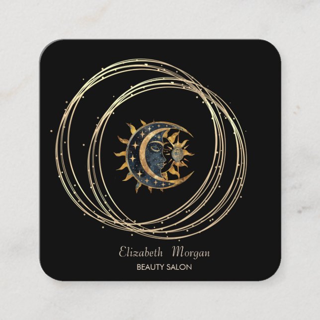 Carte De Visite Carré Cercles Or Élégant Moderne Soleil Lune Noir (Devant)