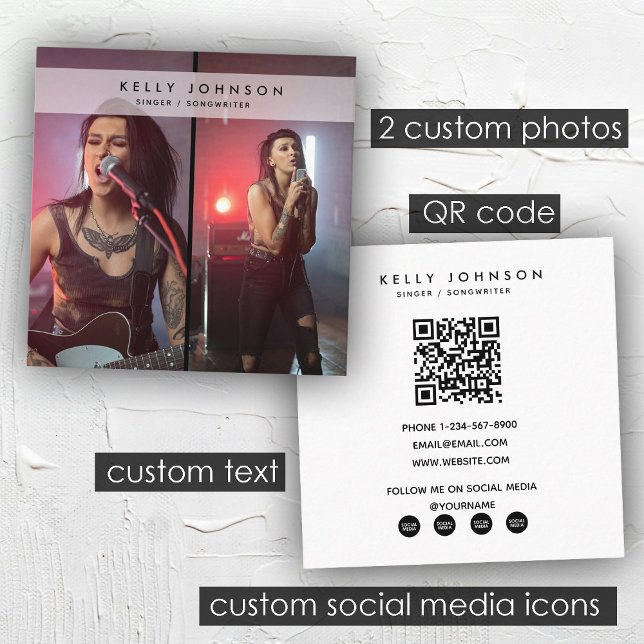 Carte De Visite Carré Chanteur musicien auteur-compositeur 2 photos Code (Singer Musician Songwriter 2 Photos QR Code Square Business Card)