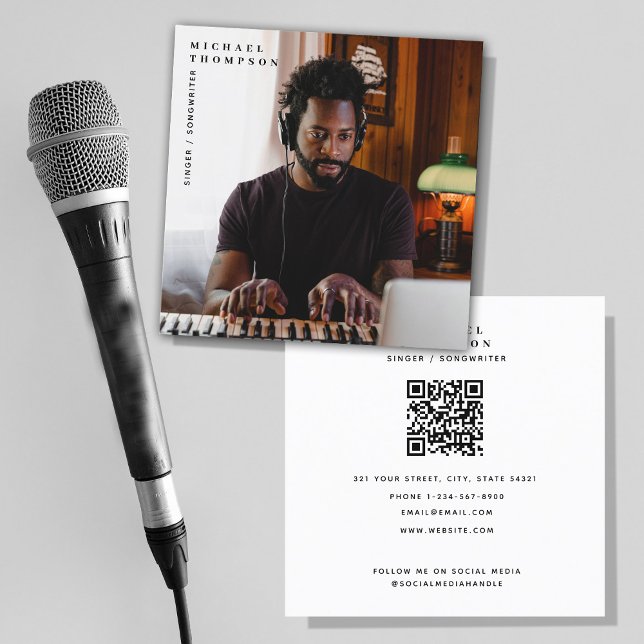 Carte De Visite Carré Chanteur musicien Photo Interprète QR Code (Créateur téléchargé)