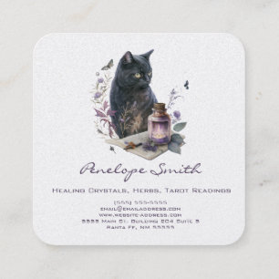 Carte De Visite Carré Chat aquarelle avec livre de sorts et bougie