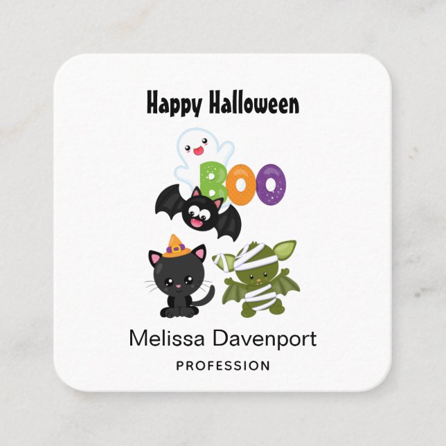 Carte De Visite Carré Chat de Cute Halloween, bat, mummy et ghost (Devant)