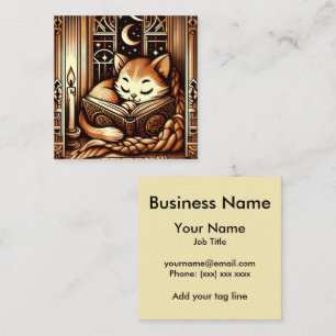 Carte De Visite Carré Chat de style Art Déco vintage endormi avec un liv