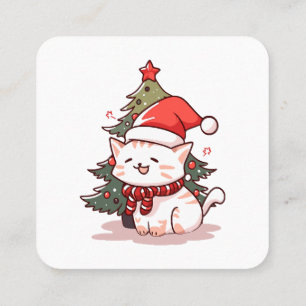 Carte De Visite Carré Chat mignon portant chapeau de Père Noël près du s