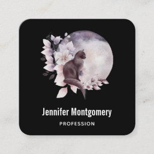 Carte De Visite Carré Chat noir devant une Pleine lune magique