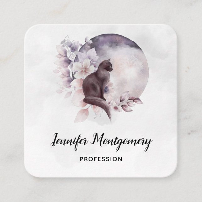 Carte De Visite Carré Chat noir devant une Pleine lune magique (Devant)