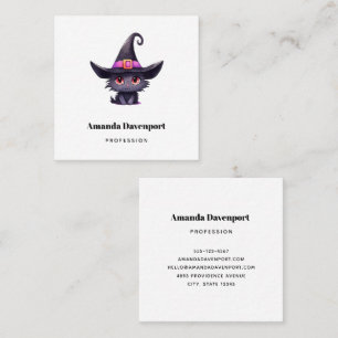 Carte De Visite Carré Chat noir mignon portant un Casquette de sorcière