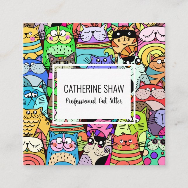 Carte De Visite Carré Chat Sitter mignon animal de compagnie Doodle Modè (Devant)