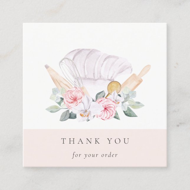 Carte De Visite Carré Chef Blush Casquette Restauration Floral Whisk Mer (Devant)