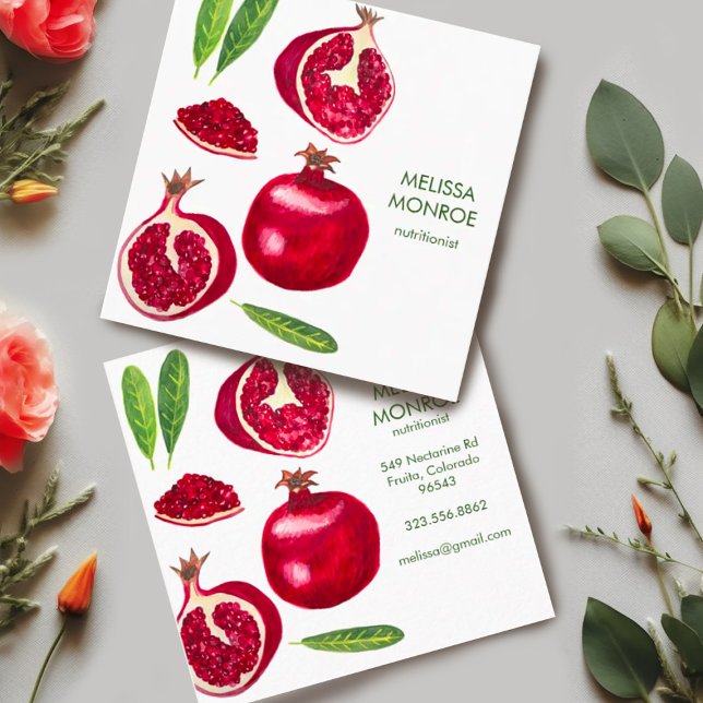 Carte De Visite Carré Chef Nutritionniste Entraîneur Grenades Fruit d'au (Watercolor pomegranates with leaves decorate these custom square business cards. Add your own text.)
