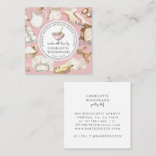 Carte De Visite Carré Chef Pâtissier Boulangerie Aquarelle Rose