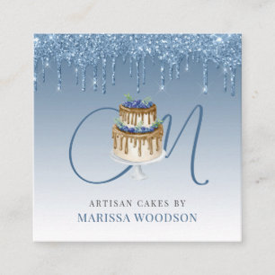 Carte De Visite Carré Chef pâtissier Élégant Gâteau Bleu Parties scintil