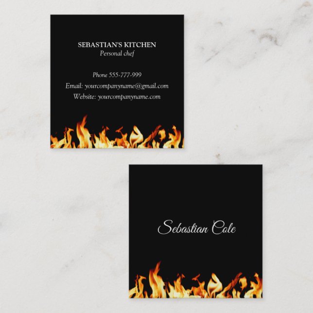 Carte De Visite Carré Chef Personnel Cuisine Flamme Catering (Devant / Derrière)