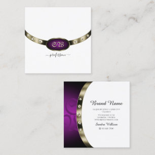 Carte De Visite Carré Chic Blanc Chrome Argent Purple Monogramme Diamant