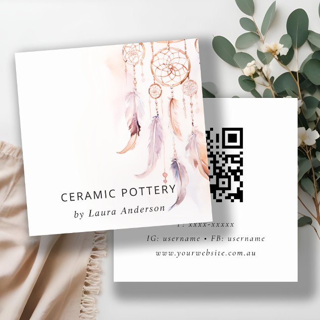 Carte De Visite Carré Chic Boho Dreamcatcher Aquarelle QR Code (Créateur téléchargé)