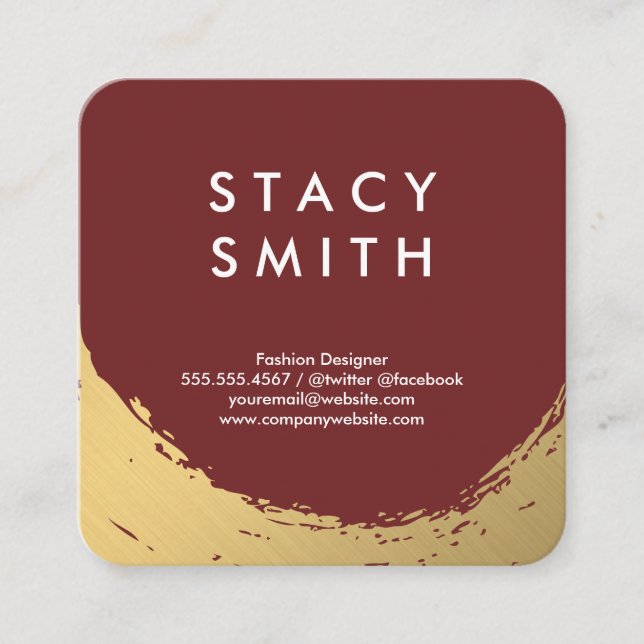 Carte De Visite Carré Chic Faux Gold brossé Deep Red (Devant)