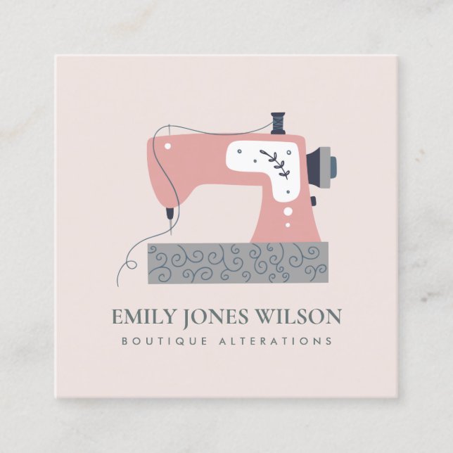 CARTE DE VISITE CARRÉ CHIC GRIS PEACH BLUSH PINK SEWING MACHINE TAILEUR (Devant)