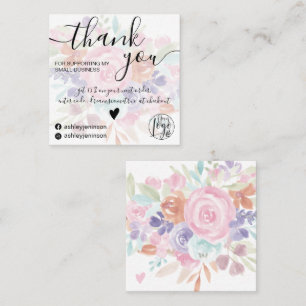 Carte De Visite Carré Chic rose floral aquarelle girly commander merci