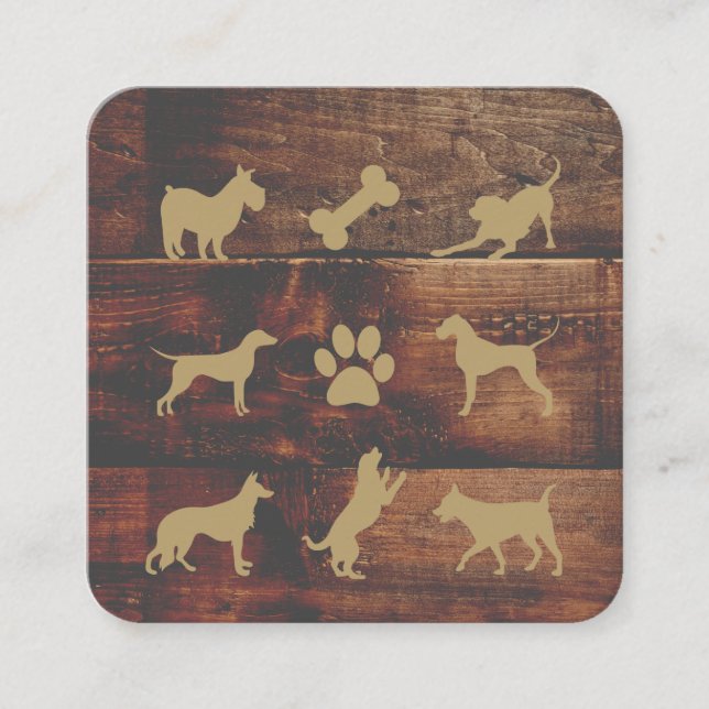 Carte De Visite Carré Chien Groomer | Formateur | Icônes sur bois (Devant)