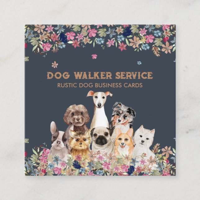 Carte De Visite Carré Chiens Fleurs Animaux Rustiques Service Floral (Devant)