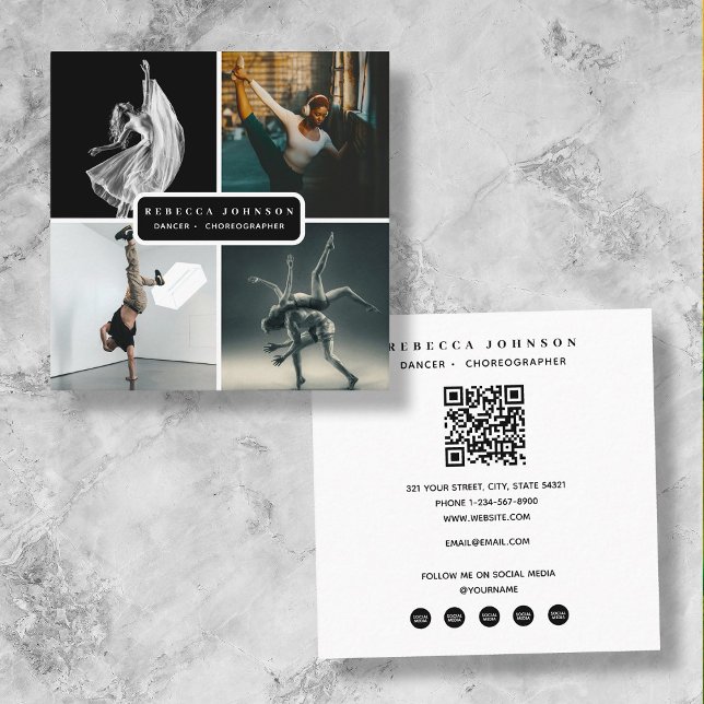 Carte De Visite Carré Chorégraphe moderne 4 Photo Dancer Code QR (Modern 4 Photo Dancer Choreographer QR Code Square Business Card)