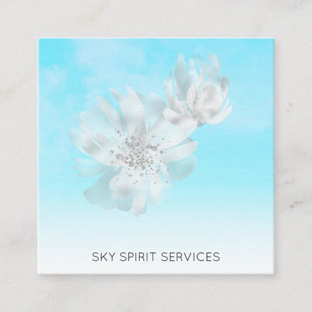Carte De Visite Carré *~* Ciel bleu QR Nuages Fleurs Parties scintillant (Devant)