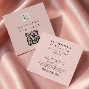 Carte De Visite Carré Cils Code QR Logo Script Rose Pâle
