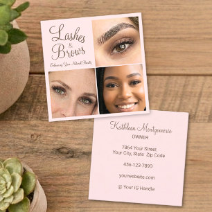 Carte De Visite Carré Cils de Photo Script 3 Rose Blush Élégant Mocha