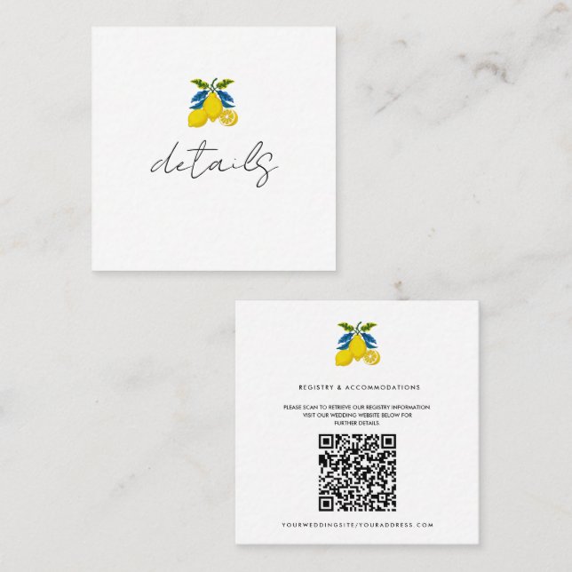 Carte De Visite Carré Citron jaune bleu méditerranéen Détails du Mariage (Devant / Derrière)