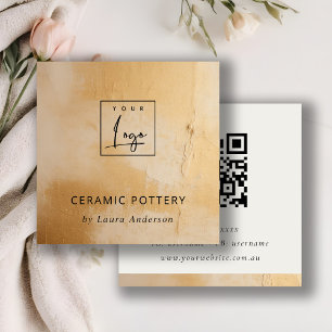 Carte De Visite Carré Classy Beige Gold Paint Texture Logo QR Code