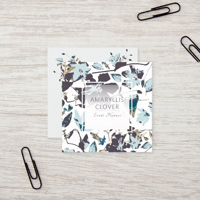Carte De Visite Carré Clematis Flower Blue Vine Brown (Clematis Flowering Blue Brown Vine Square Business Card from Studio Posies.)