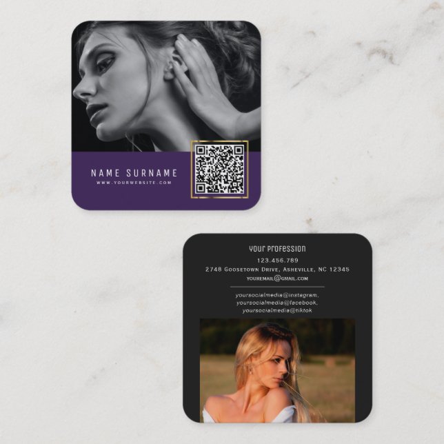 Carte De Visite Carré Code-barres numérisable violet QR code photo  (Devant / Derrière)
