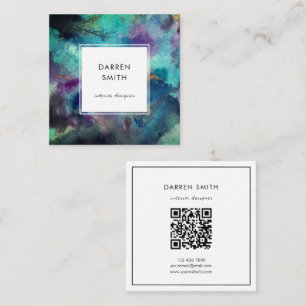 Carte De Visite Carré Code QR Abstrait Aquarelle Bleu Vibrant Moderne